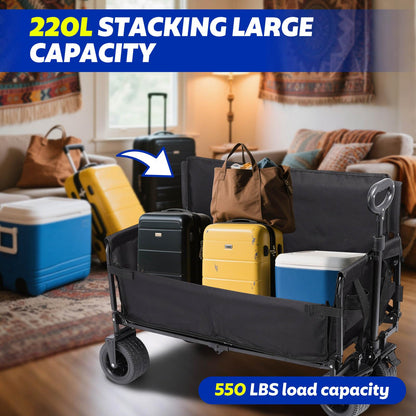 Portable Collapsible Folding Wagon, 550LBS Heavy Duty Utility Carts,Reclining Camper, Expandable Storage, Padded and Wheeled, All Terrain Wheels, Great for Camping, Outdoors, Shopping (Black)