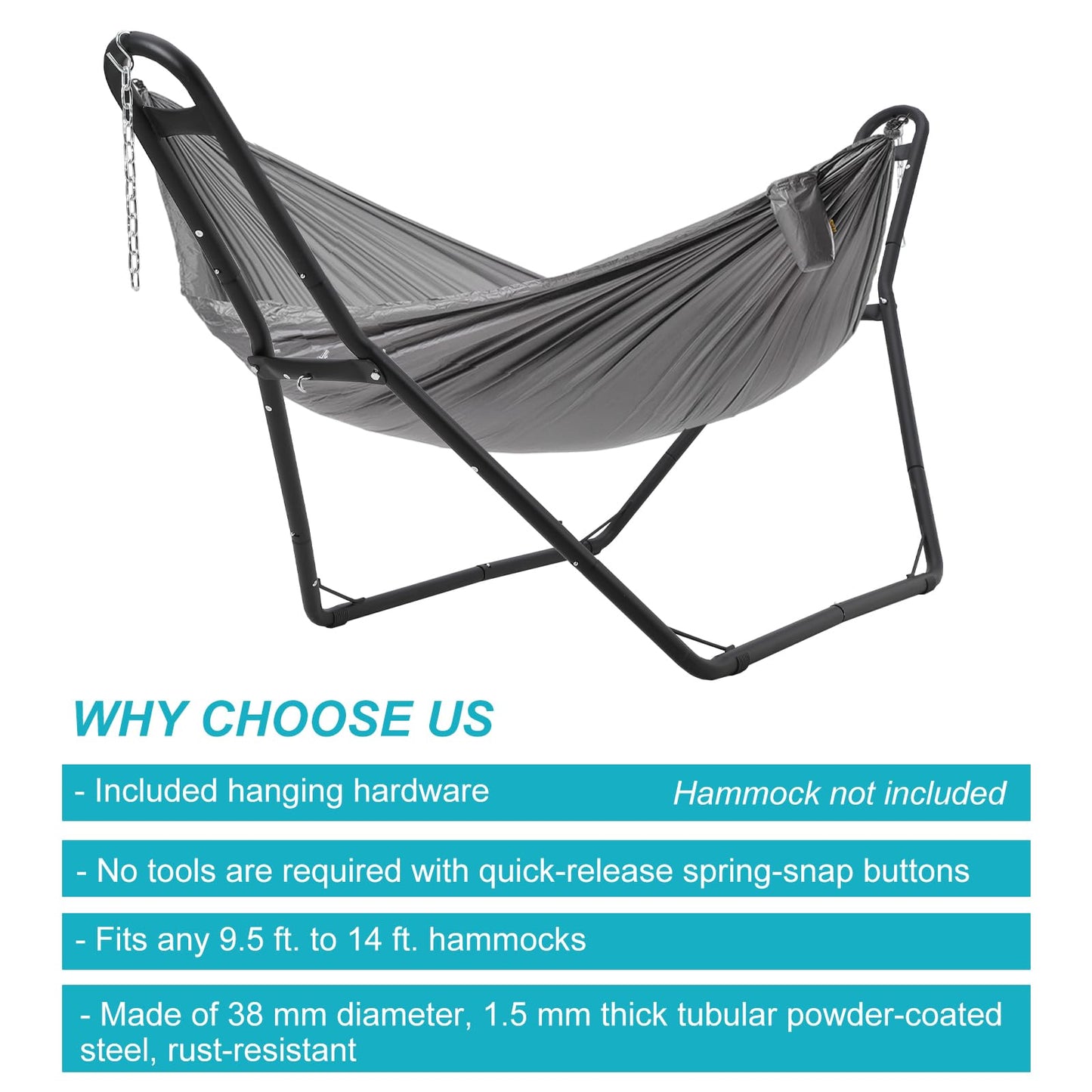 Universal 2 Person Hammock Stand, Heavy Duty Steel Hammock Stand 550 lbs Capacity, Fits 9 to 14 Foot Hammocks for Outdoor Indoor Adjustable Portable Hammock Stand with Chain, Hook, and Carrying Bag