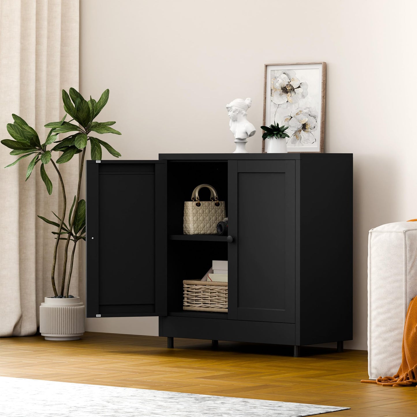 JINGUR Metal Storage Cabinet with 2 Doors and Adjustable Shelf, Steel Sideboard Buffet Cabinet for Home Office Hallway Entryway Kitchen Living Dining Room (Black)