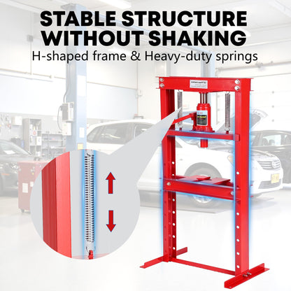 ExploreHorizon 12 Ton Hydraulic H-Frame Shop Press with Adjustable Table & Stamping Plates for Auto Repair, Garage Use, Metalworking, Red