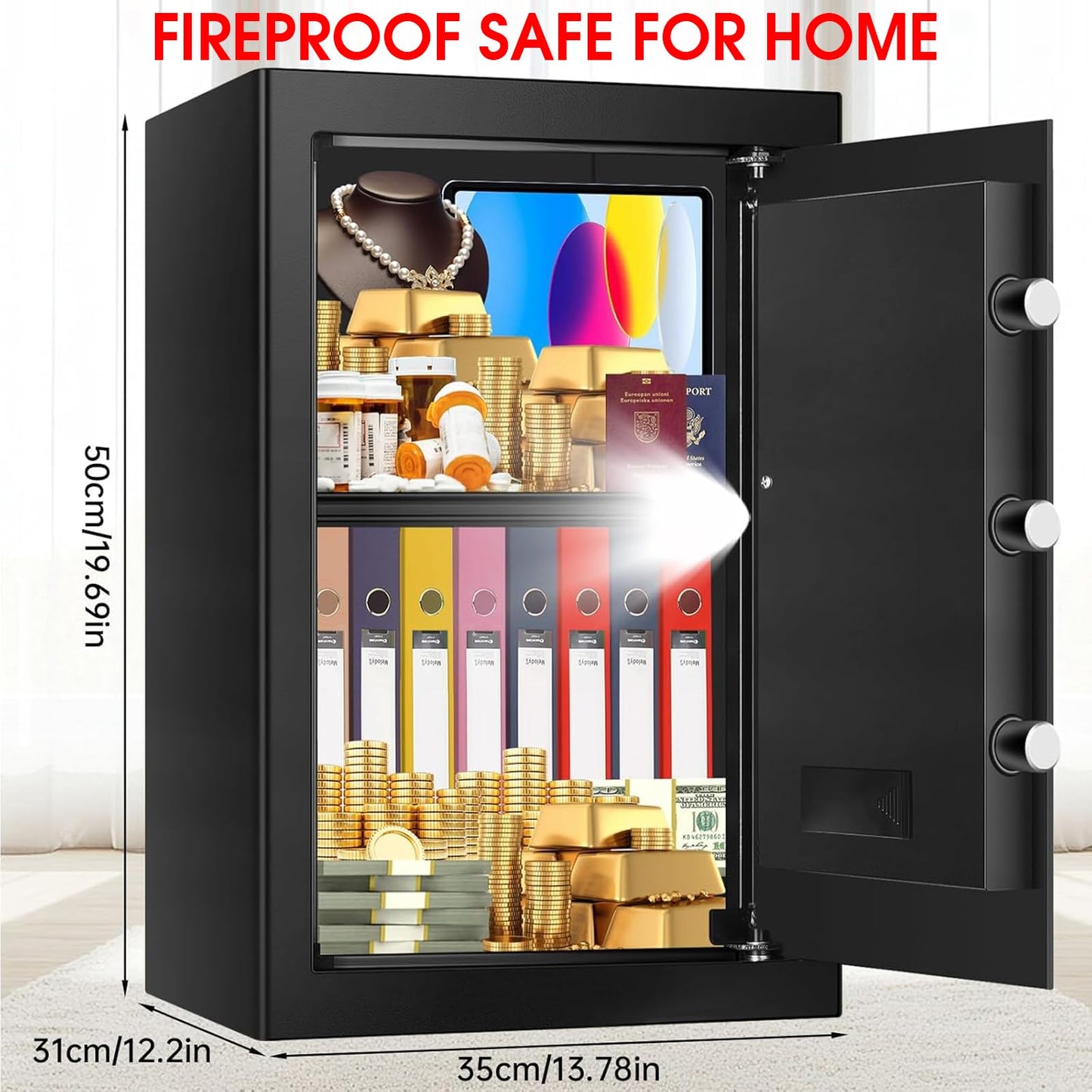 3.4 Cuft Large Home Safes Water and Fireproof, Personal Safe Box Fireproof Waterproof with Digital Keypad, Removable Shelves and Alarm System, Anti-theft Fire Proof Safe for Home Documents