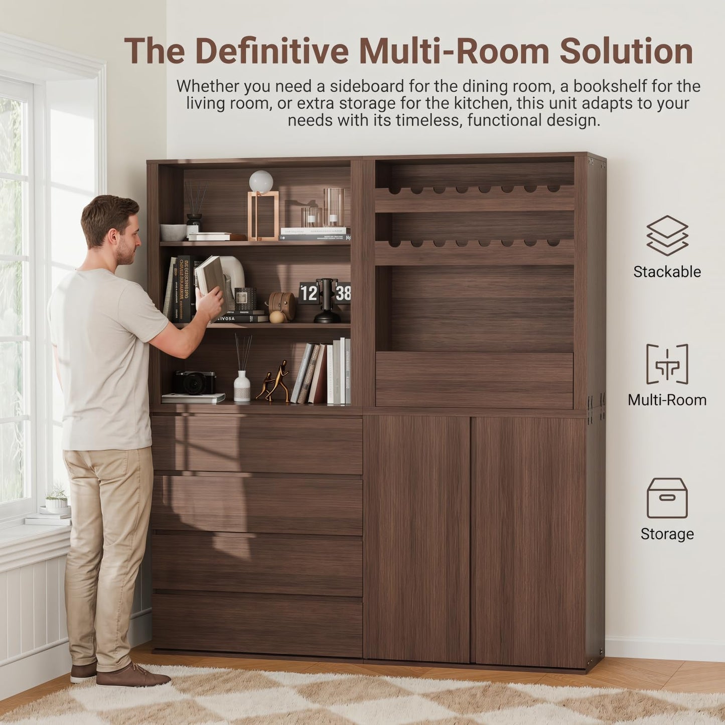 Trygoal 3-Shelf Open Bookcase, Stackable Wood Bookshelf, Mid Century Modern Freestanding Storage Cabinet, Multi-Purpose Organizer for Bedroom, Living Room, Kitchen, Bathroom, Dining Room, Walnut