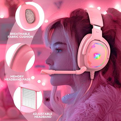 Jimonyer Gaming Headset for PC/PS4/PS5/Xbox One/Switch, Stereo Surround Sound Gaming Headphones with Noise Canceling Flexible Mic, Computer Headset with 3.5mm Jack & RGB Light (Pink)