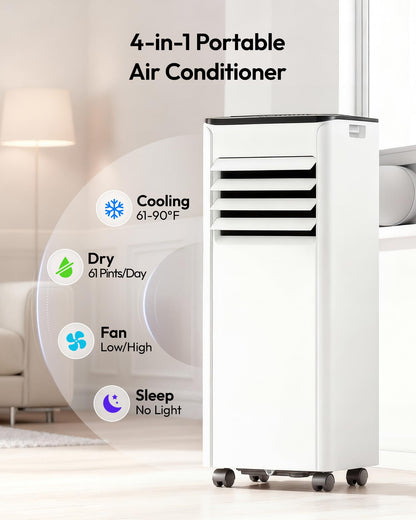 EUHOMY 8,000 BTU Portable Air Conditioners, 4-in-1 Portable AC Unit Cools Up to 350 Sq.Ft, with Cool, Fan, Dehumidifier, Sleep Modes, 50 dB, 24H Timer, Remote Control, Installation Kit for Bedroom