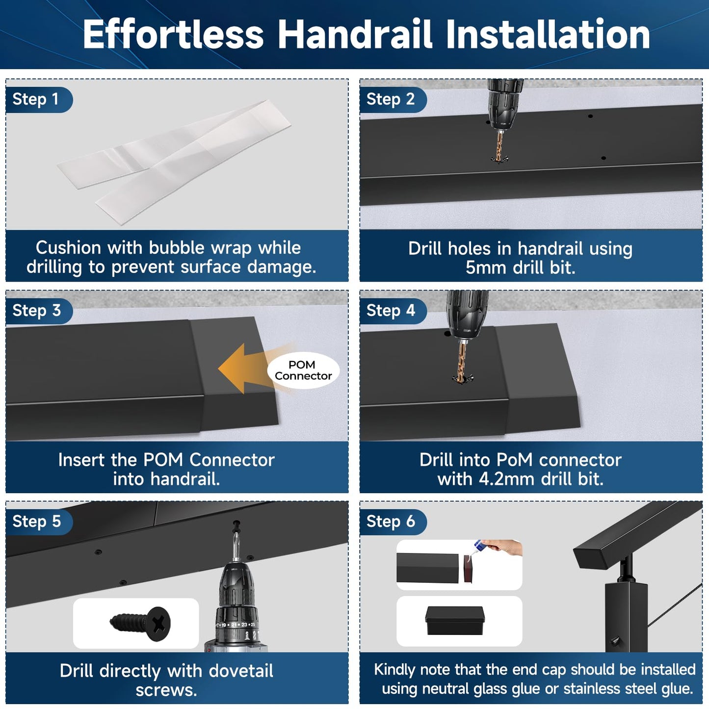 Gyykzz 8FT Stainless Steel 304 Handrail Black 3Pack, Rectangular Handrail Flat Top Rail with SS304 End Cap and POM Connecting Blocks for Indoor Outdoor Deck Stair Cable Railing System DIY Balustrade