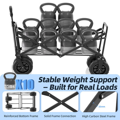 EchoSmile Heavy Duty 350 Lbs Capacity Collapsible Wagon, Outdoor Folding Camping Grocery Portable Utility Cart, Adjustable Rolling Carts, All Terrain Sports Wagon with Big Wheels (Blue)