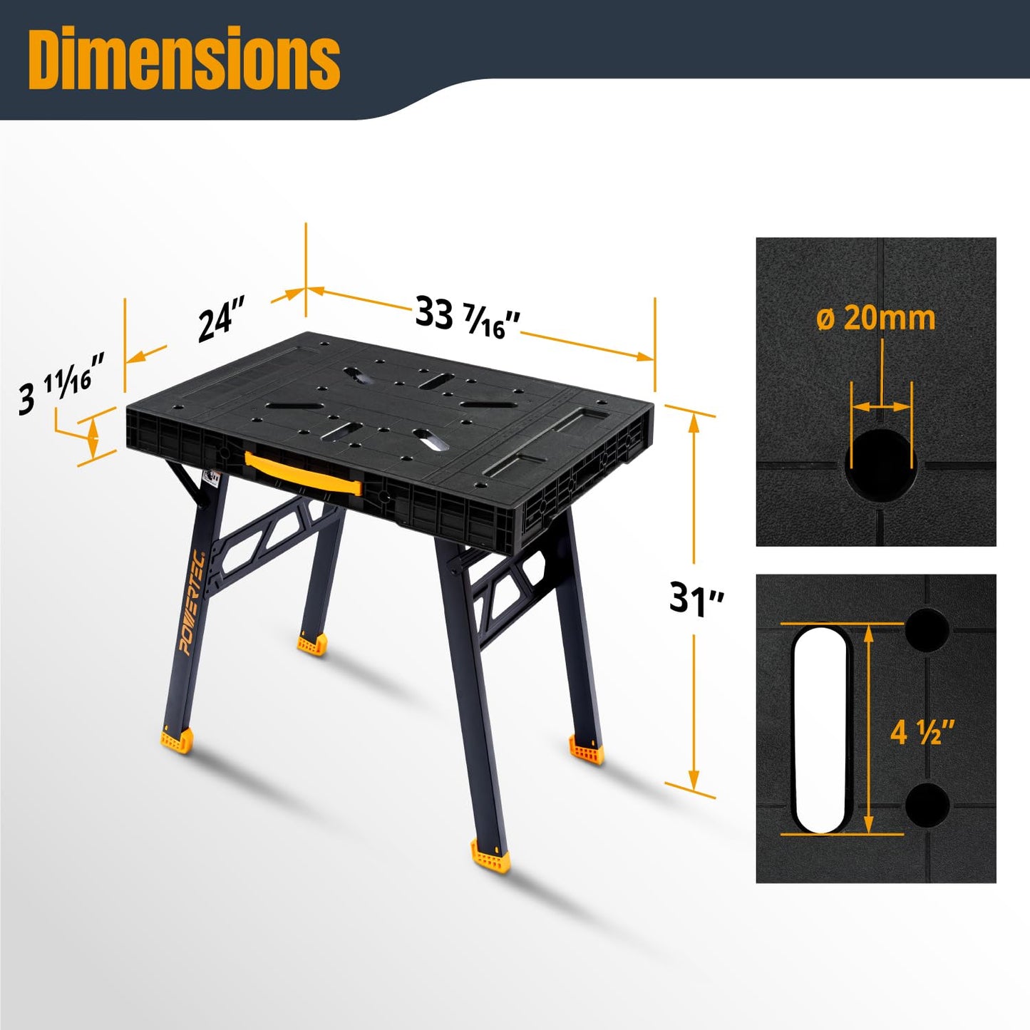 POWERTEC Portable Folding Worktable – Heavy-Duty Workbench with 33.5" x 24" Surface, 1650 lbs Load Capacity – Compact, Foldable Table for Woodworking, DIY, Garage & Jobsite Use (UT1014)