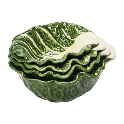 Hand-Painted Cabbage Shaped Stoneware Bowls, Set of 4
