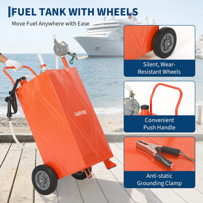 30 Gallon Fuel Gas Caddy Storage Tank, Portable Gas Caddy with Wheels, Manual Rotary Transfer Pump, Fuel Hose, Wide Fill Opening, Vent and Level Gauge, Mobile Gasoline Diesel Transfer Tank for ATV, Mower, Tractor, Car, Boat
