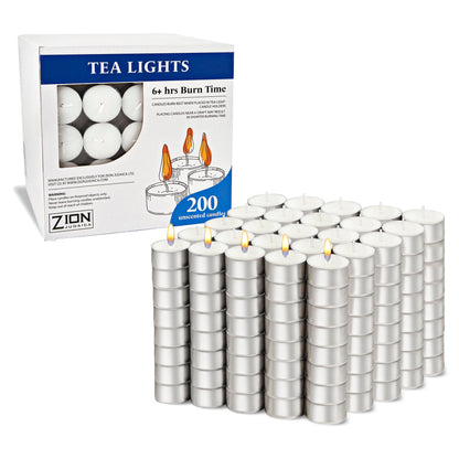 Zion Judaica Quality Tealight Candles 6 Hour Long Burn Time Unscented Set of 200 - Stark White