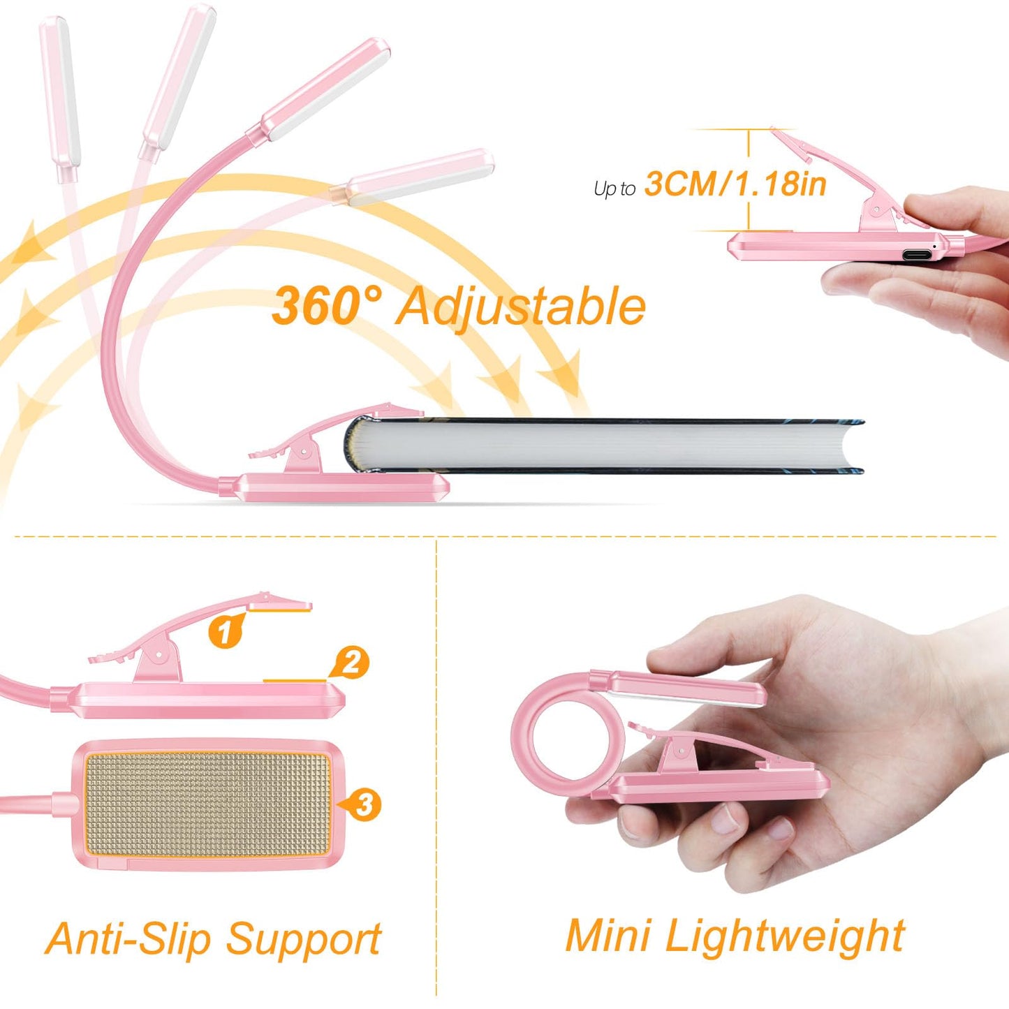 Gritin 9 LED Rechargeable Book Light for Reading in Bed - Eye Caring 3 Color Temperatures,Stepless Dimming Brightness,80 Hrs Runtime Small Lightweight Clip On Book Reading Light for Studying