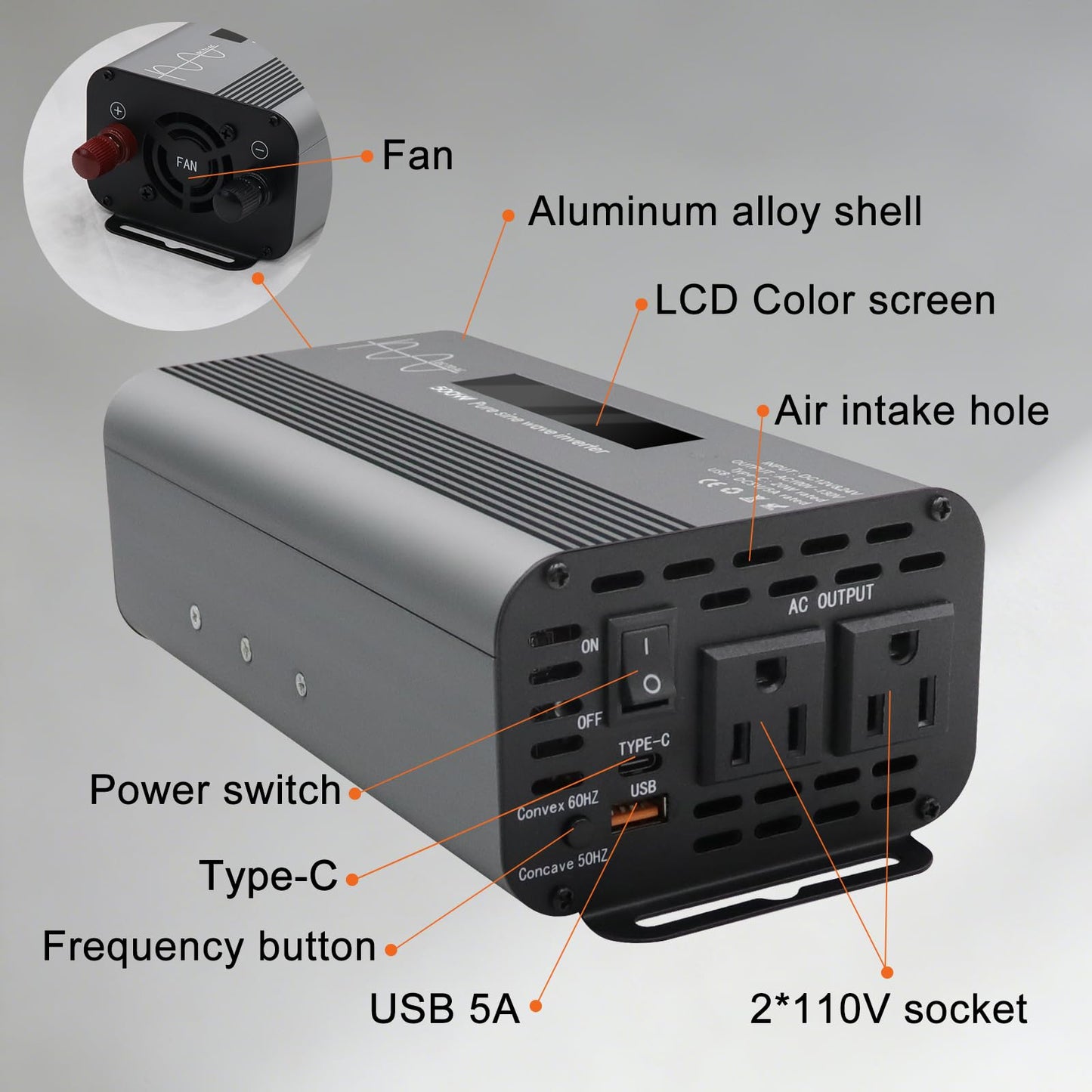 LYZGDBU 500W Pure Sine Wave Power Inverter with Digital Display,Dual AC Outlets & Fast Charging USB/Type-C,12V/24V to 110V AC Converter with Overload Protection for Car RV Truck Home Camping