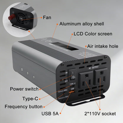 LYZGDBU 500W Pure Sine Wave Power Inverter with Digital Display,Dual AC Outlets & Fast Charging USB/Type-C,12V/24V to 110V AC Converter with Overload Protection for Car RV Truck Home Camping