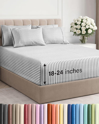 Skiennix Extra Deep Full Sheet Set - 6 Piece Breathable Cooling Bedding - Soft Wrinkle-Free Grey Stripes