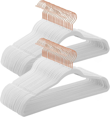 SONGMICS Slim Velvet Hangers - Non-Slip Clothes Hangers with Rose Gold Hooks | Space-Saving, 50 Pack, White