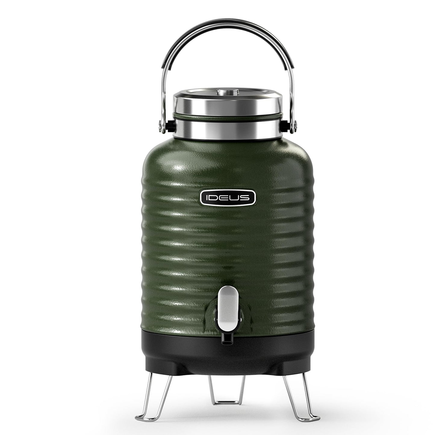 IDEUS Insulated Beverage Dispenser, All-in-one for Camping Vacuum Double-Wall Stainless Steel Water Cooler Coffee Carafe Jug Leakproof Drink Container with Handle, Spigot & Stand (Green, 1,4gal)