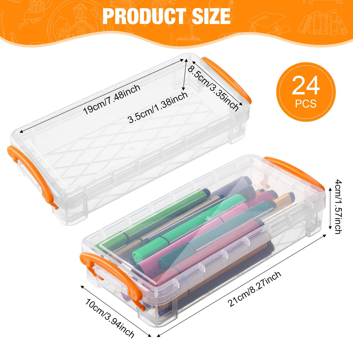 Gueevin 24 Pcs Large Capacity Plastic Pencil Box Clear Plastic Pencil Case Crayon Box with Snap Tight Lid Watercolor Pen Storage Brush Organizer Drawing Tools Container (Orange)