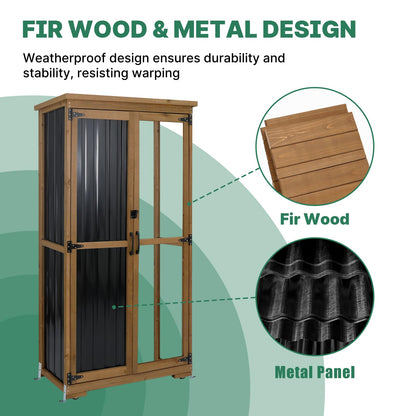 Ketive Outdoor Storage Cabinet, Tall Tool Garden Cabinet with Weather-Resistant Roof, Double Lockable Doors, 3 Removable Shelves & Adjustable Feet, for Patio, Garden, Backyard, 32" x 15.5" x 66"