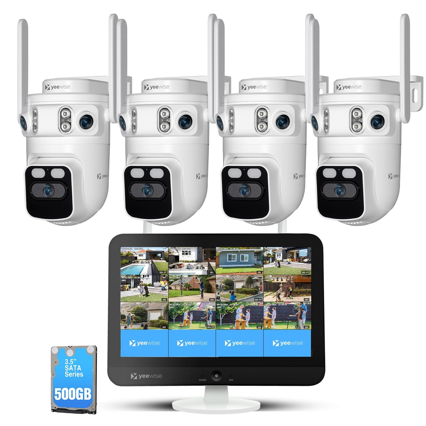 yeewise Triple Lens Wireless Security Camera System with 12" Monitor, 180° Wide View + 360° PTZ AI Tracking, WiFi 6, 16CH NVR, 24/7 Recording, 500GB HDD, No Monthly Fee, Plug-in Power