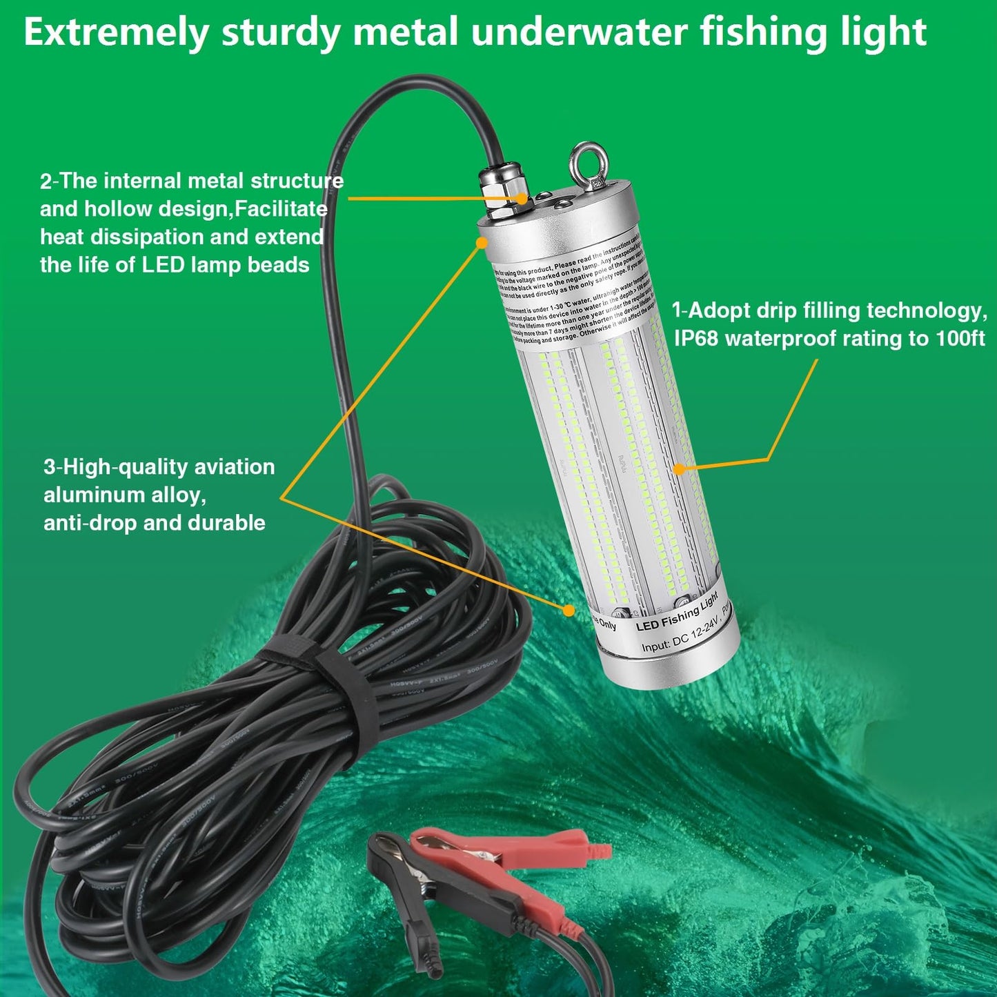 300W 36000lm Underwater Fishing Light, IP68 Waterproof Aluminum Super Bright Night Fish Attracting Submersible LED Lamp Lure Bait Finder for Freshwater Saltwater Sea Kayak Ice Dock (Green)
