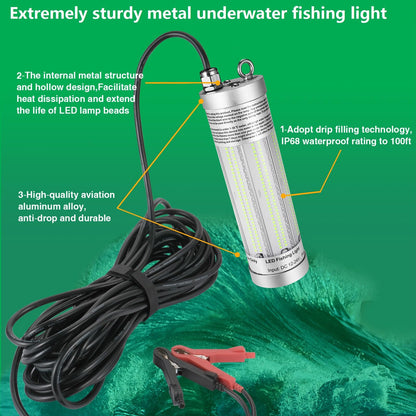 300W 36000lm Underwater Fishing Light, IP68 Waterproof Aluminum Super Bright Night Fish Attracting Submersible LED Lamp Lure Bait Finder for Freshwater Saltwater Sea Kayak Ice Dock (Green)
