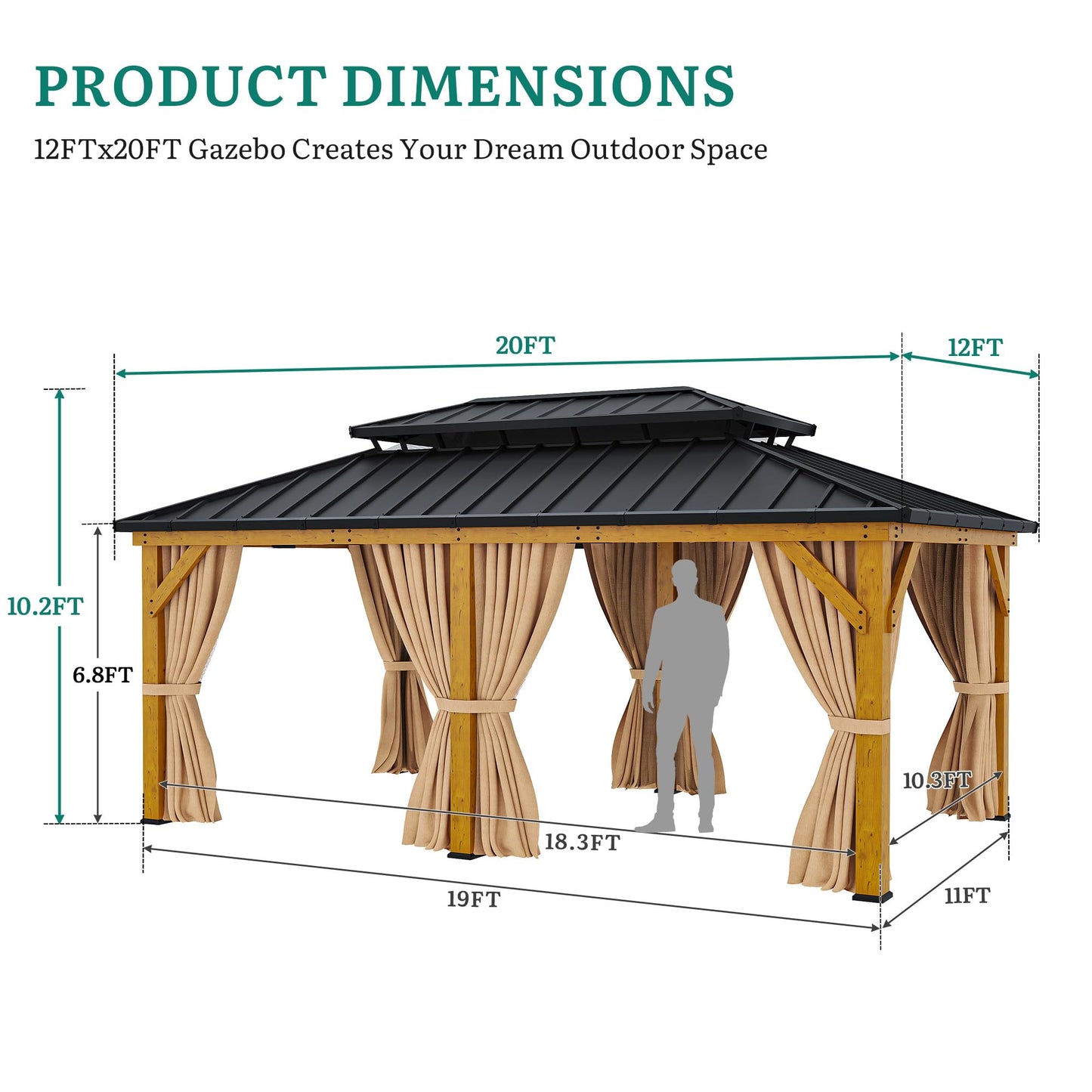 DWVO 12x20 Wood Gazebo Outdoor Wooden Frame Double Roof Hardtop Galvanized Steel Top Canopy w/Curtain and Netting, Patio Heavy Duty for Deck, Backyard