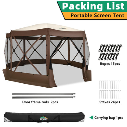 COBIZI Pop Up Gazebo Screen Tent Screen House for Camping, 15x15 Screen Room with Mosquito Netting, Hub Tent Instant Screened Canopy with Carrying Bag and Ground Stakes, Brown