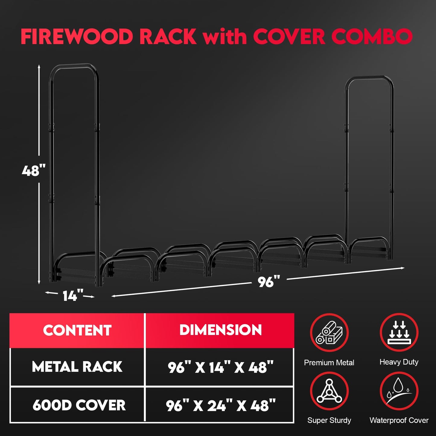Zettum 8ft Firewood Log Rack - Outdoor Wood Stand Holder, Heavy Duty Metal Fire Wood Pile Organizer with Cover for Fireplace Storage (96 x 14 x 48 Inch)