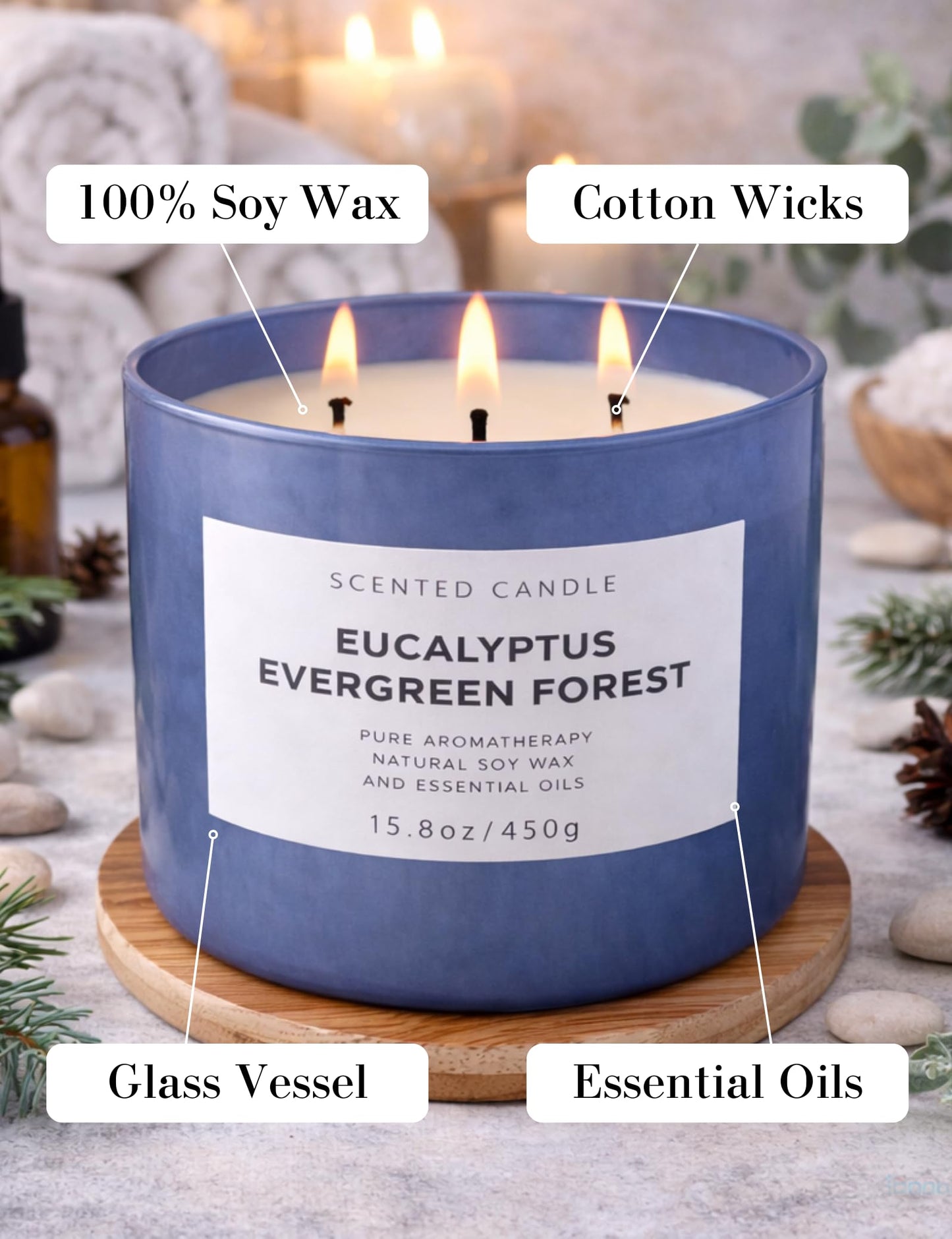 Eucalyptus Evergreen Forest 3-Wick Soy Candle | 15.8 oz Large Scented Candle for Home | Clean Burn Long Lasting | Balsam Fir Fresh Forest Scent | Gift Ready