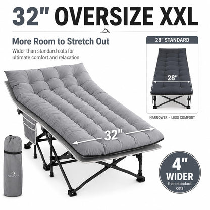 DRMOIS Camping cots, Oversized 32inch Width Portable Foldable Outdoor Bed for Adults Kids, Cot for Traveling Gear Supplier, Office Nap,Support 900 lbs-with Sleeping Pad Mattress-Grey, XXL Size