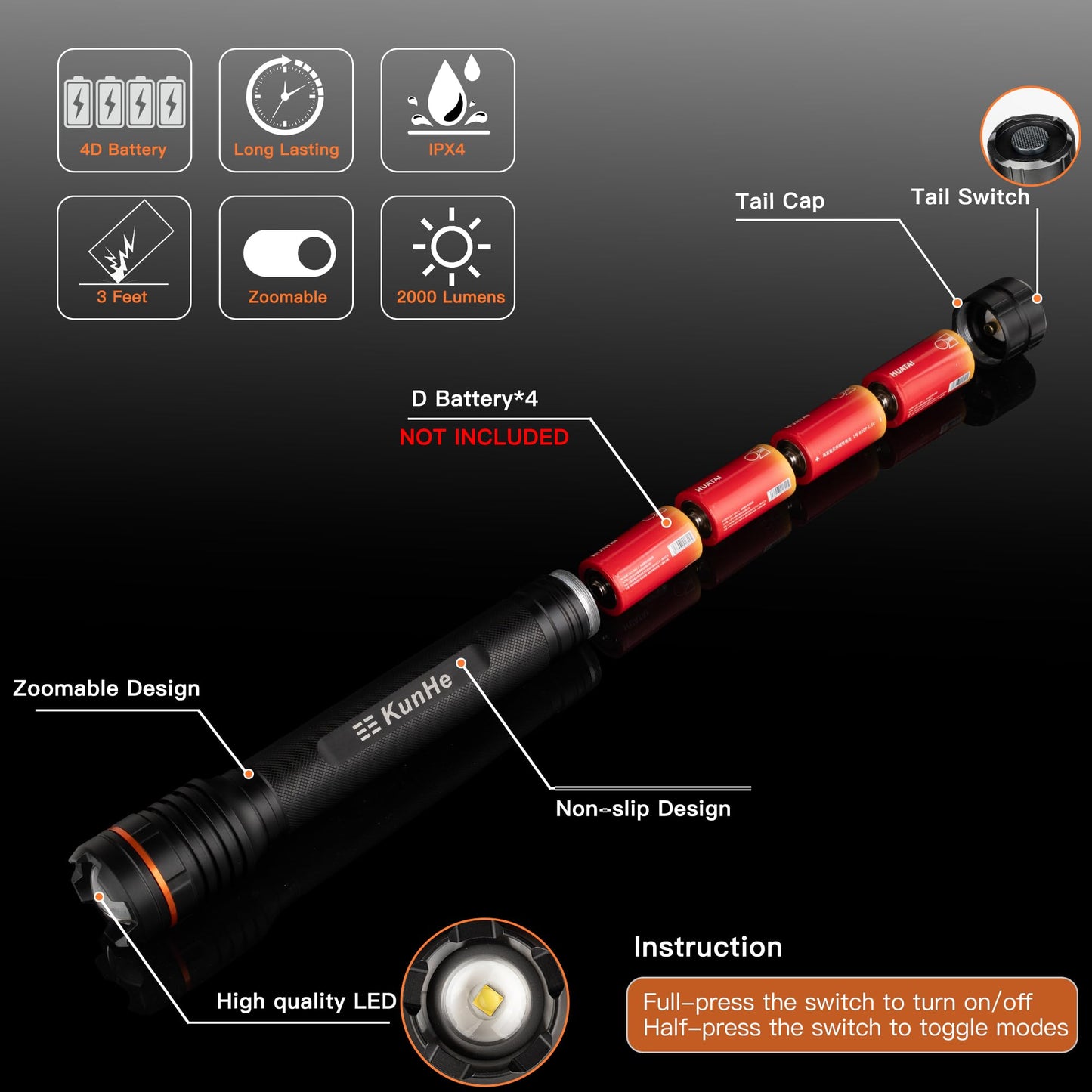 KunHe 10 Pack Heavy Duty 4D Cell LED Flashlights Large Aluminum Zoomable High Lumens 2000 LM Police Flash Light- Big Flashlight for Home Emergency Power Outages Camping Car(Batteries not Included)