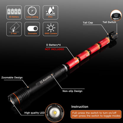 KunHe 10 Pack Heavy Duty 4D Cell LED Flashlights Large Aluminum Zoomable High Lumens 2000 LM Police Flash Light- Big Flashlight for Home Emergency Power Outages Camping Car(Batteries not Included)
