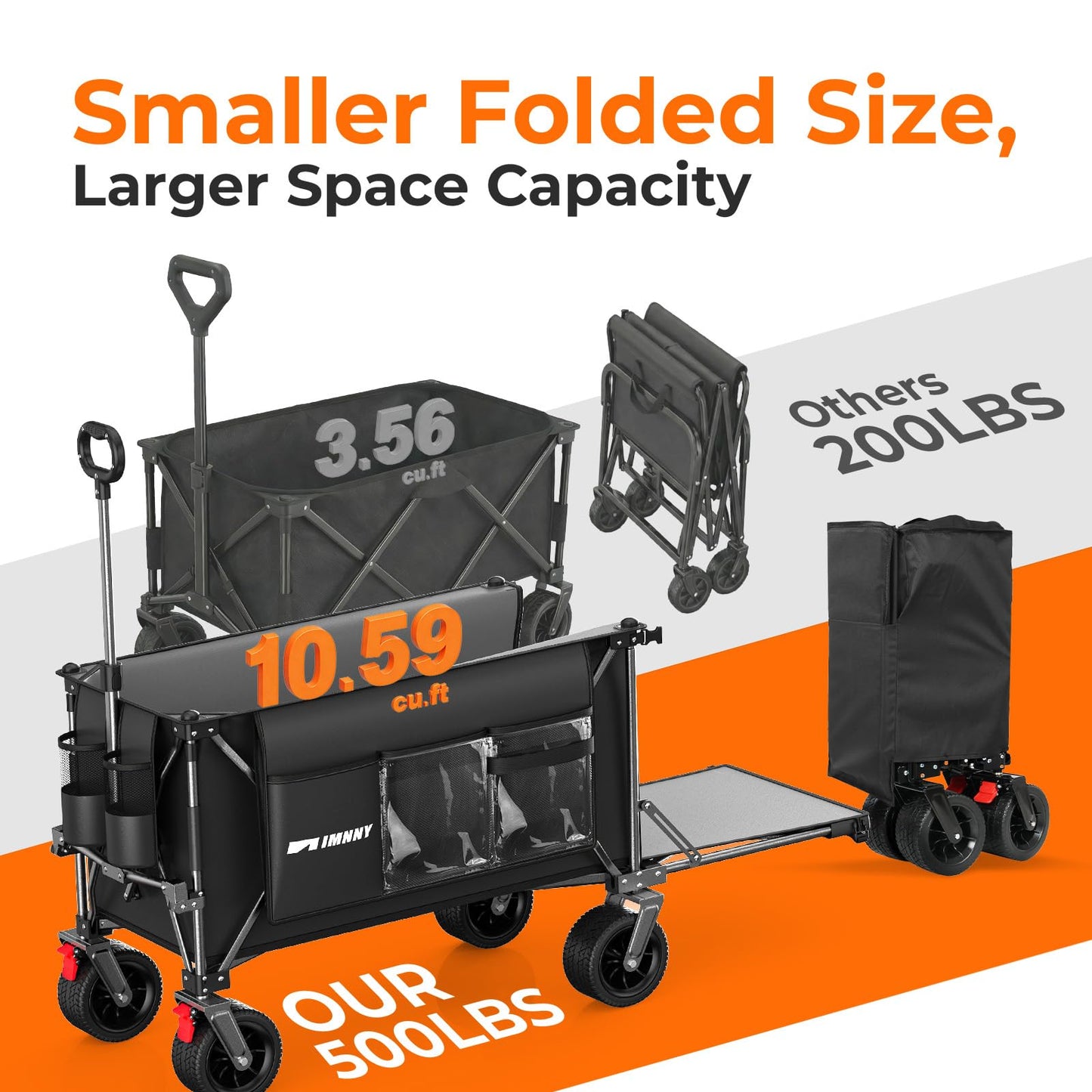 Aimnny 55" Collapsible Wagon with Tailgate & Brakes - 500LBS Heavy Duty Multi-Terrain Cart, 300L Foldable Utility Wagon with Cup Holders & Side Pockets for Beach Sand Camping Sports Shopping (Black)