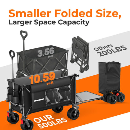 Aimnny 55" Collapsible Wagon with Tailgate & Brakes - 500LBS Heavy Duty Multi-Terrain Cart, 300L Foldable Utility Wagon with Cup Holders & Side Pockets for Beach Sand Camping Sports Shopping (Black)