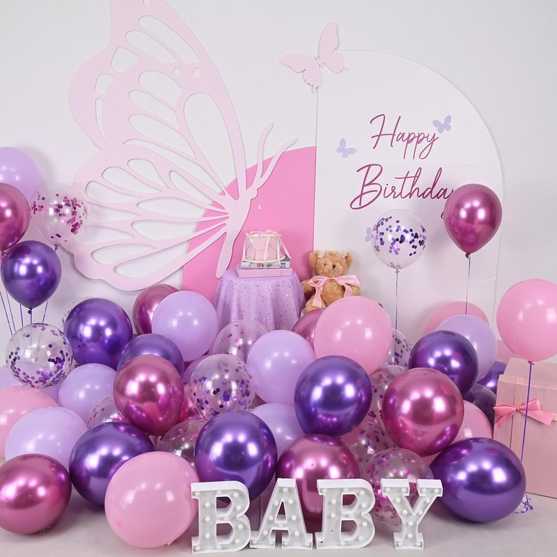 Togvu Purple Pink Balloons, 60 Packs 12 Inch Metallic Purple Pink Confetti Balloons, Lavender and Light Pink Latex Balloons with Ribbon for Girls Women Birthday Wedding Baby Shower Party Decoration
