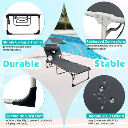 WKFAMOUT Outdoor Tanning Chair with Sun Canopy Shade & Face Hole, Folding Lounge Chair with Beach Table and Carry Bag for Poolside Sunbathing Lawn