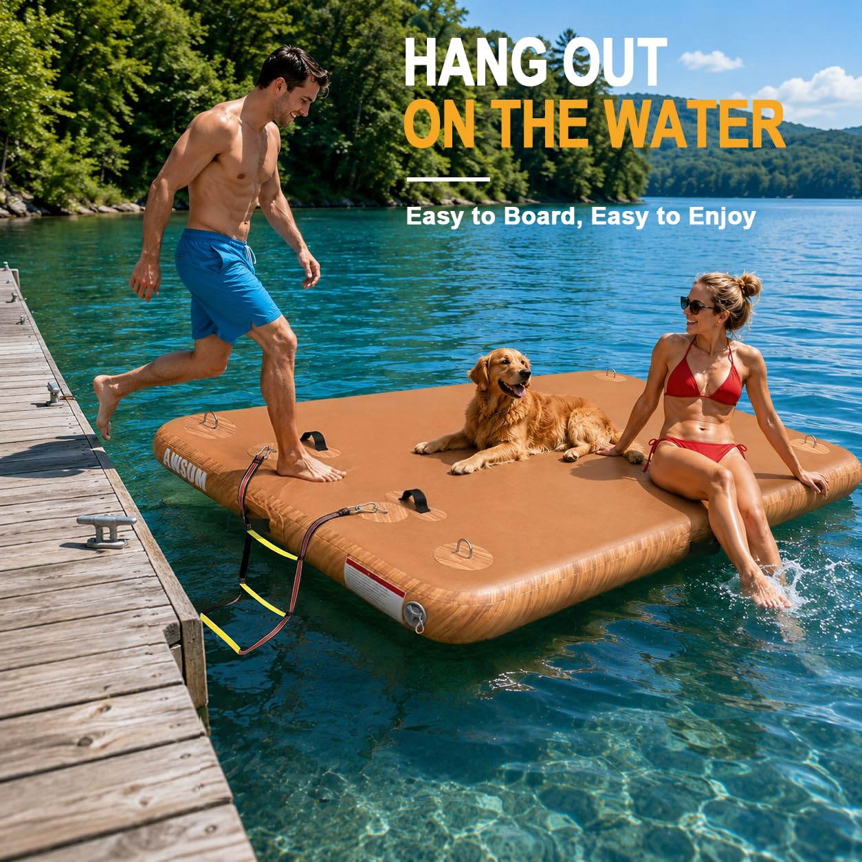 AWSUM Inflatable Floating Dock 8ft x 6ft Air Water Mat Inflatable Island Swim Platform with Non-Slip Wood Surface for Pool Beach Ocean Lake