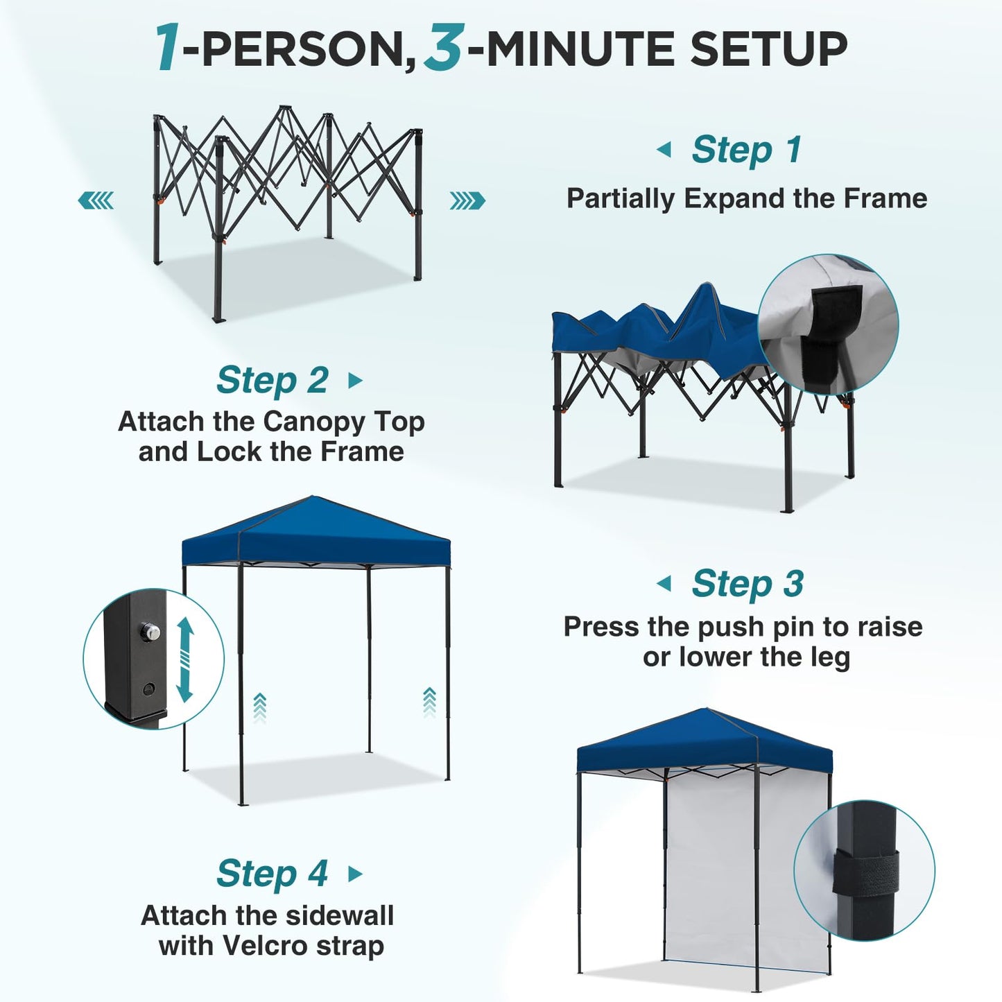 EAGLE PEAK 6x4 Instant Pop Up Canopy Tent with 1 Side Wall Panel, Straight Leg Sun Shelter, Portable Canopy with Carry Bag for Camping, Beach & Sports, Dark Blue