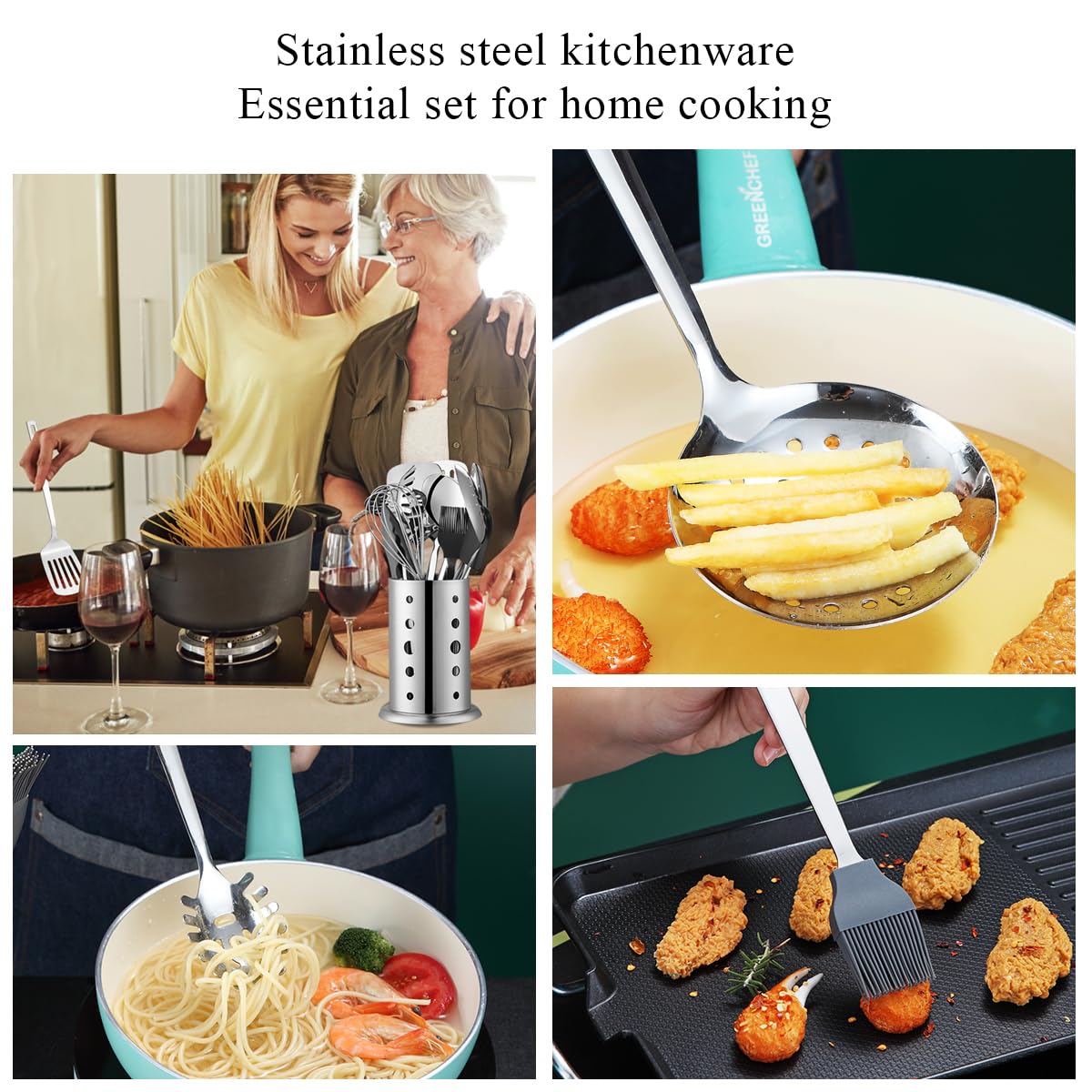 Stainless Steel Kitchen Utensils Set 40 Pieces, Cooking Utensil Set with Utensils Holder, Kitchen Gadgets Kitchen Essentials New Home, House, Appartment Must Have, Metal Spatula Set
