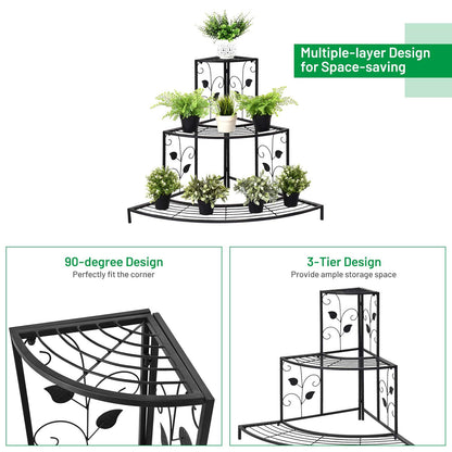 Giantex 3 Tiers Corner Shelf Metal Plant Stand, Stair-Step Style Flower Pot Display, Ladder Plant Display Rack, Quarter Round Plant Shelf for Indoor Outdoor Use