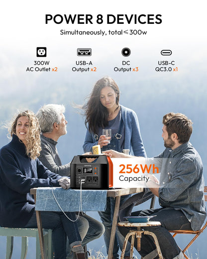 Solar Powered Generator, 300W Portable Power Station with Solar Panel 40W Included, 110V Pure Sine Wave 256Wh LiFePO4 Battery Pack with AC Outlet for Camping, Home Emergency, Traveling, RV Trip