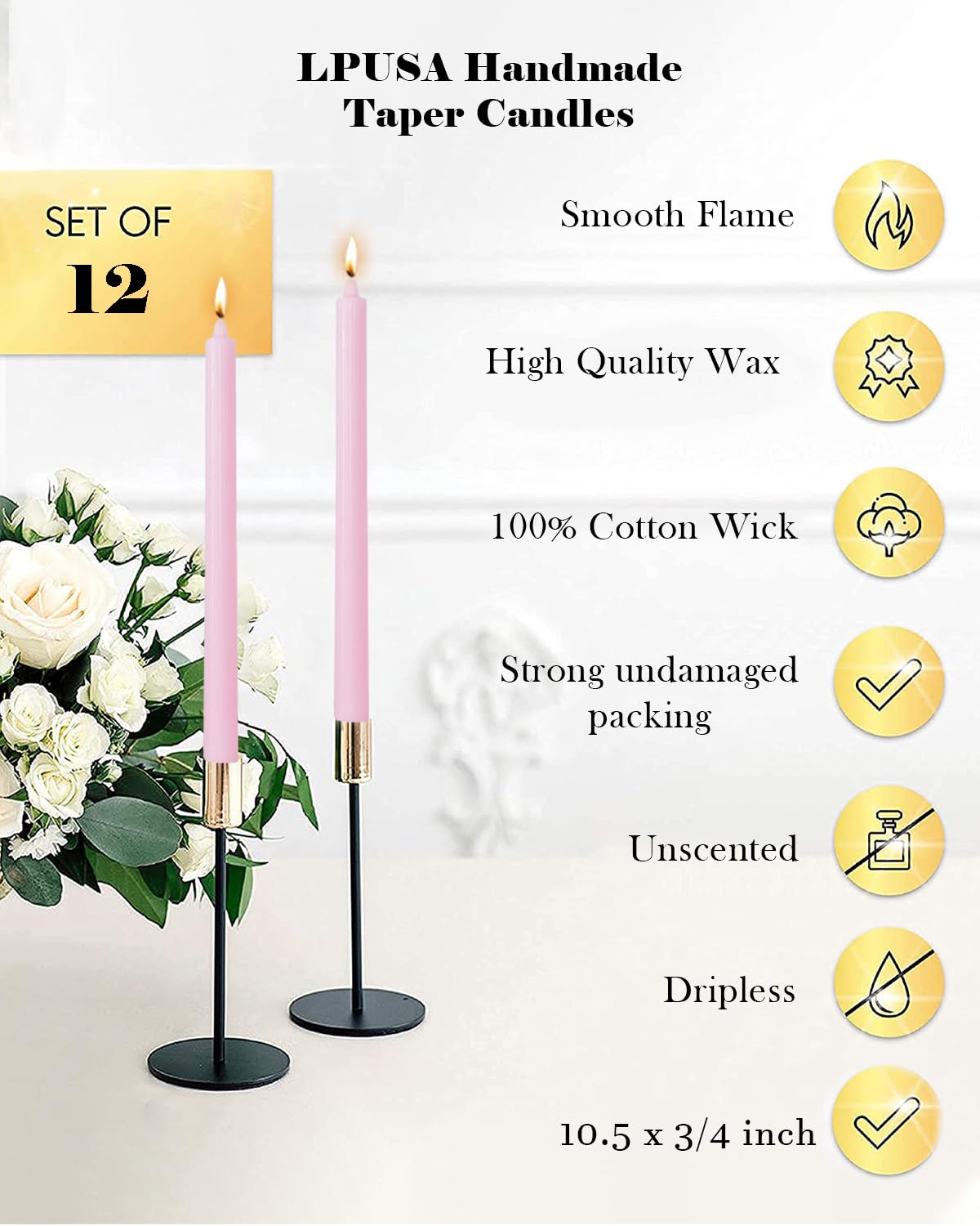 LPUSA Pink Taper Candles 10.5 inch Pastel Candle Sticks Unscented Driples Tapered Candle Ideal as Dinner Candles Smokeless Long Burning,Set of 12