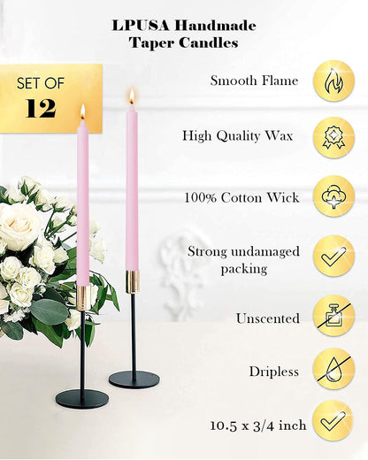 LPUSA Pink Taper Candles 10.5 inch Pastel Candle Sticks Unscented Driples Tapered Candle Ideal as Dinner Candles Smokeless Long Burning,Set of 12