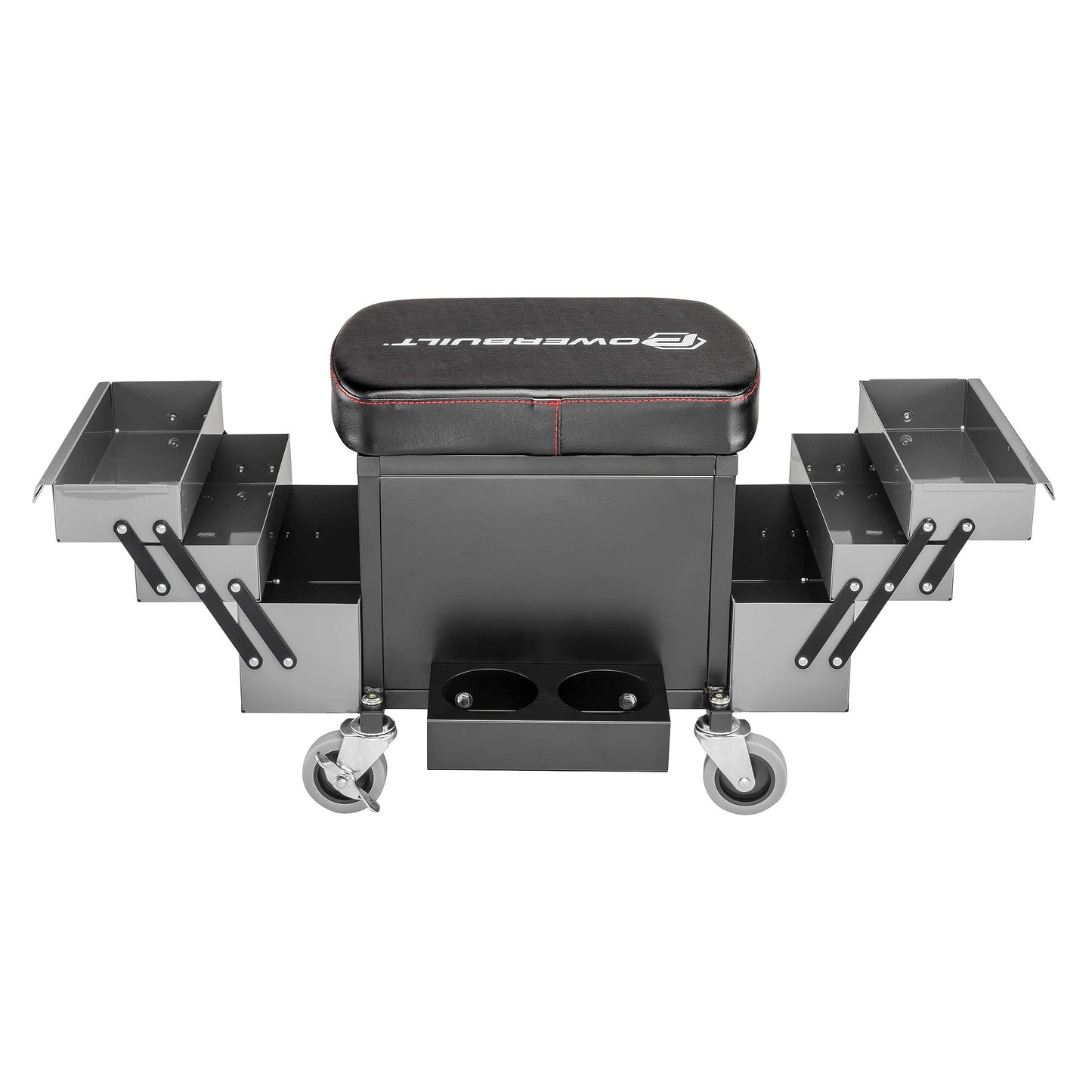 Powerbuilt Rolling Seat with Expandable Tool Trays, Roller Toolbox Garage Stool - Grey 941918ECE
