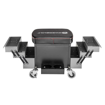Powerbuilt Rolling Seat with Expandable Tool Trays, Roller Toolbox Garage Stool - Grey 941918ECE