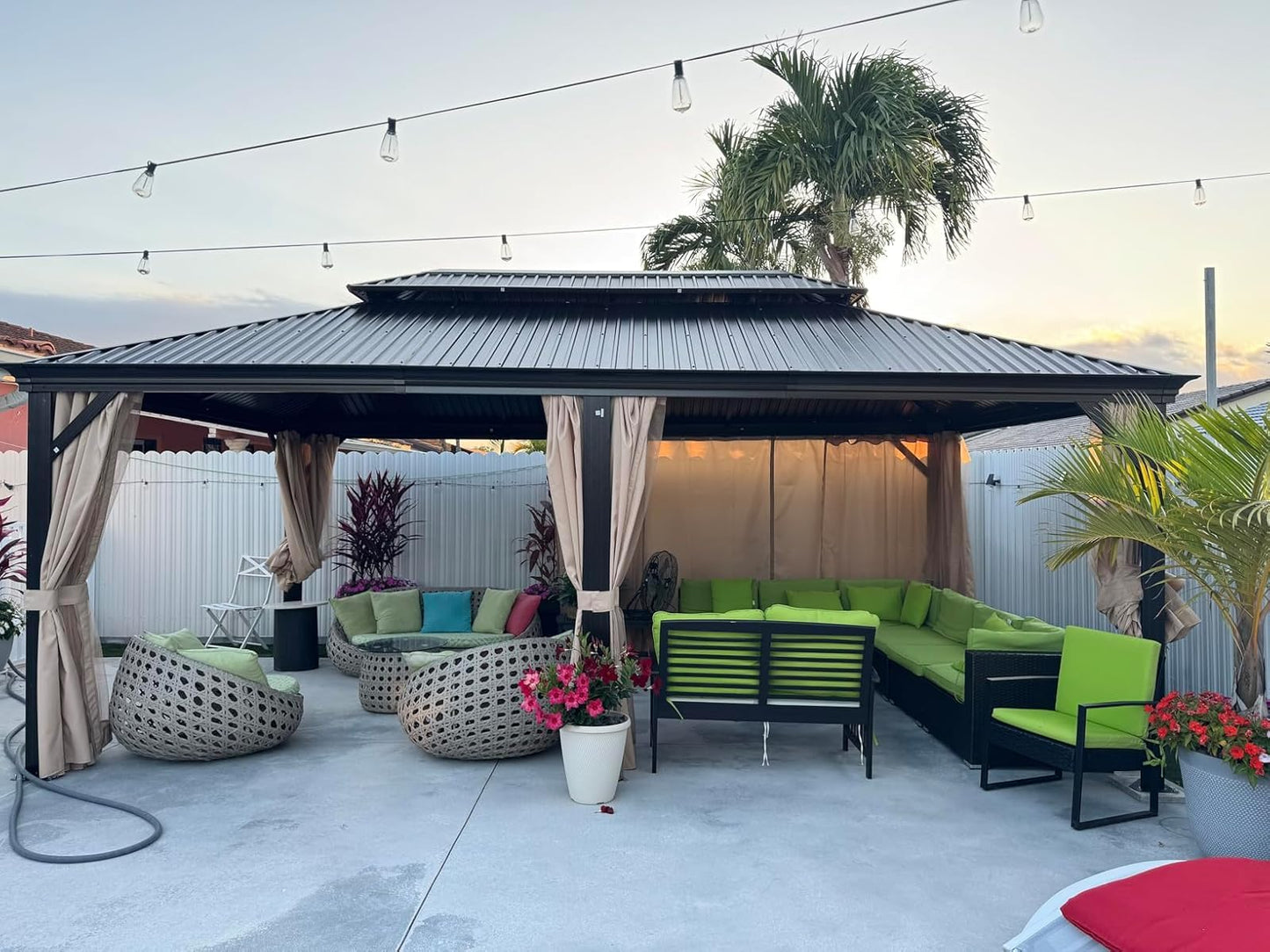 HOTEEL 12x20 Hardtop Gazebo on Clearance with Metal Roof & Gutter, Heavy Duty Galvanized Steel Patio Gazebo with Aluminum Frame, Privacy Curtains and Netting, for All-Weather, Brown (2026 Upgraded)