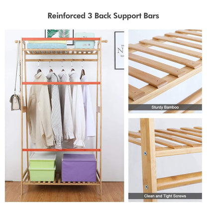 Ufine Bamboo Clothes Hanging Rack with 2 Tier Storage Shelves and 2 Coat Hooks Portable Laundry Rack Cloest Organizer Garment Rack for Bedroom Guest Room