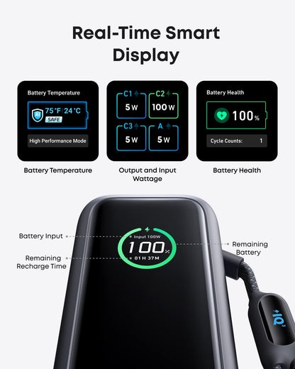 Anker Laptop Power Bank,25,000mAh Portable Charger with 165W Total Output,3 USB-C Ports (100W Max Each),Built-in Retractable Cables,Flight-Ready,for iPhone 17/16 Series,MacBook,Samsung,and More