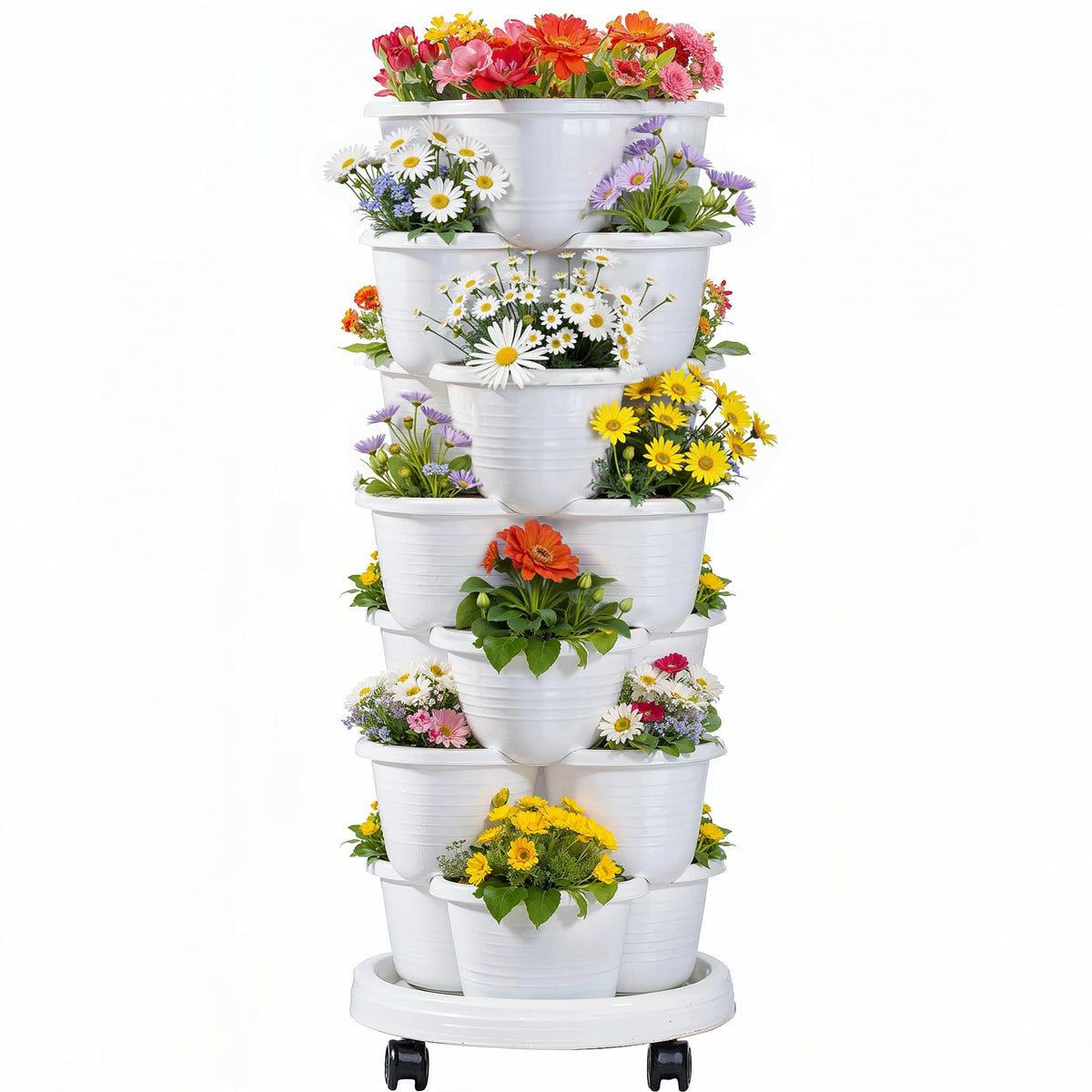 VECELO 7 Tier Vertical Garden Planter, Self Watering Stackable Planters with Wheels for Strawberries, Herbs, Flowers, Vegetables, White