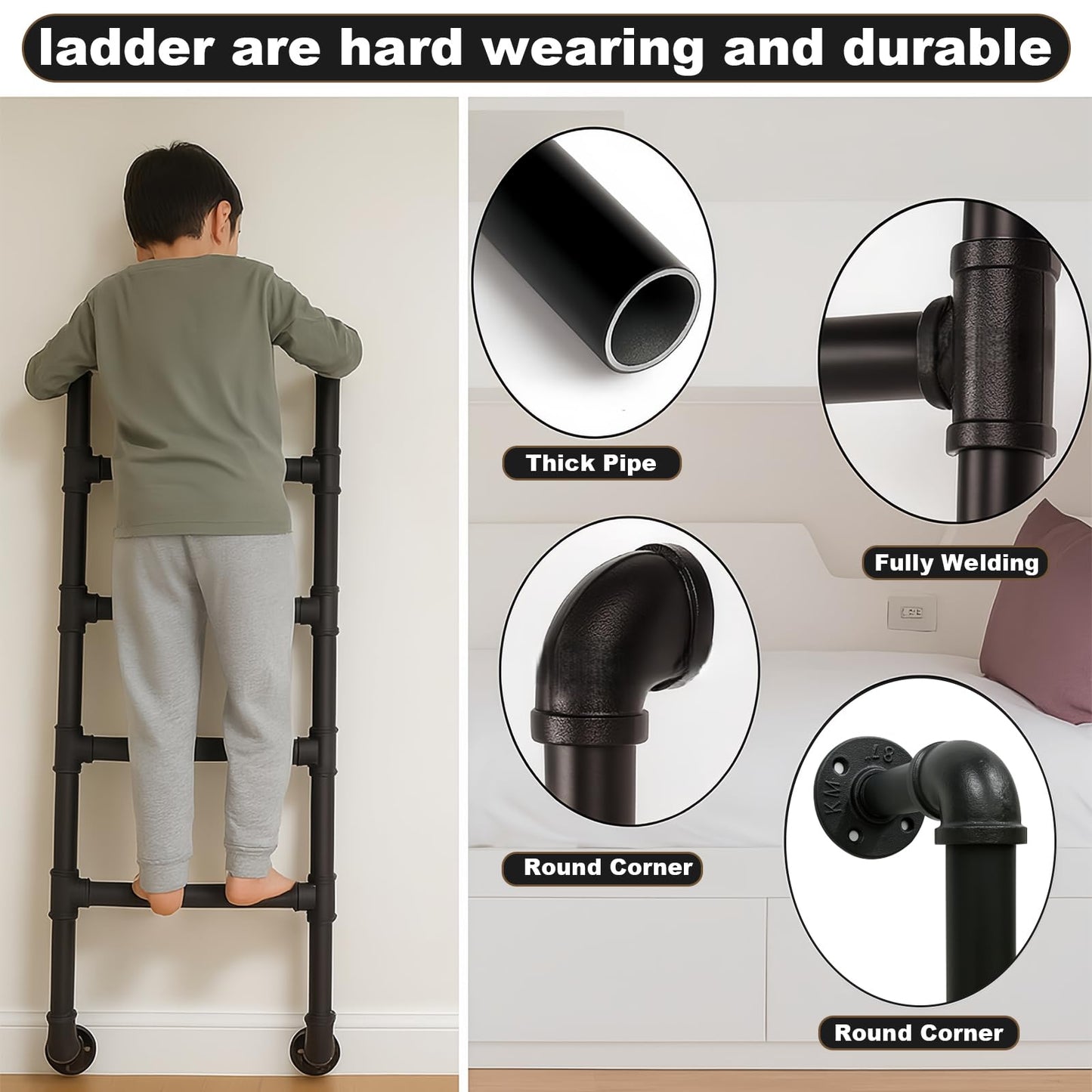 Black 6-Step Wall Mounted Steel Ladder, 6FT Egress Window Well Loft Ladder for Bunk Bed, Camper, RV – Wall/Floor-Mounted Indoor Climb for Basement, Loft, Dorm, Small Spaces